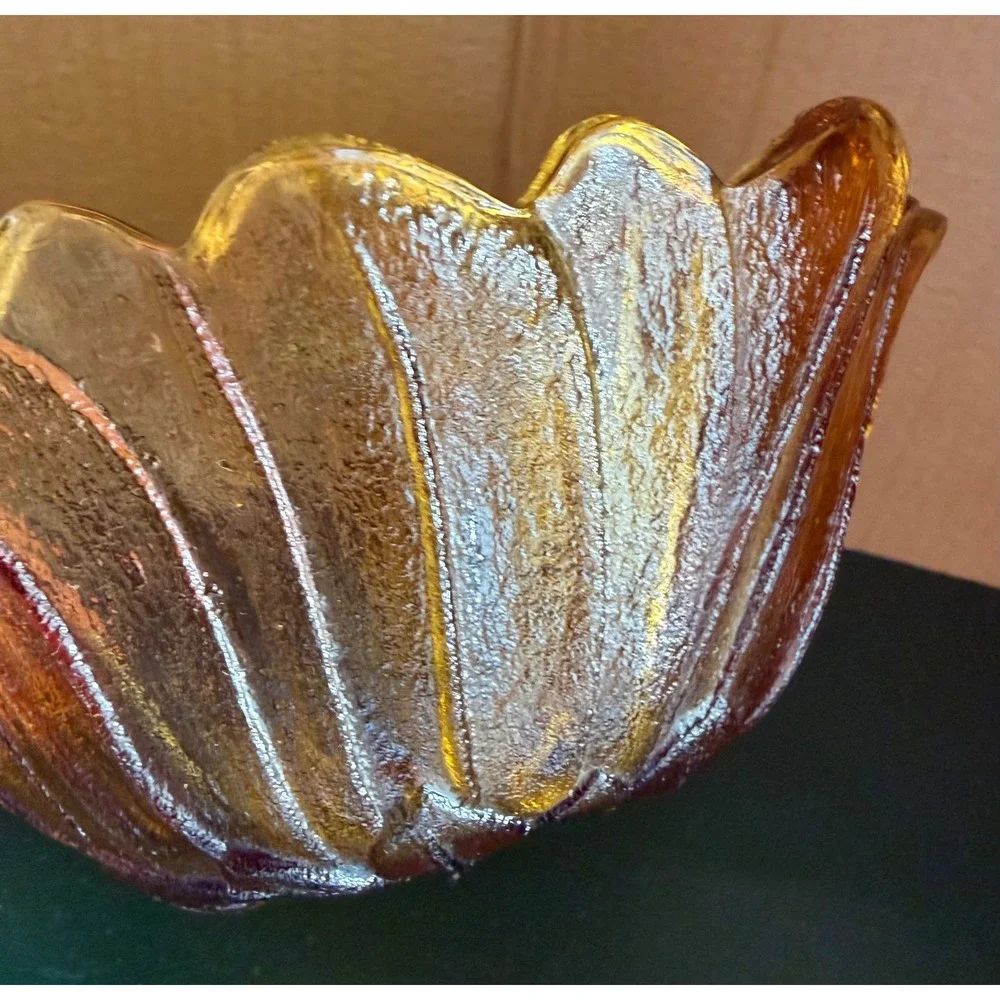 Vintage Amber Glass Sunflower Scalloped Bowl Textured Carnival Glass 7 Inch